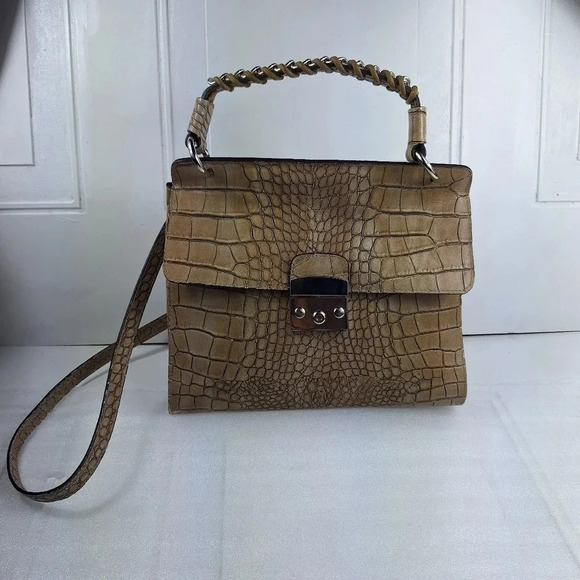 Claudia Firenze Croc Embossed Leather Cream Colored Satchel/ Bag - Picture 6 of 16